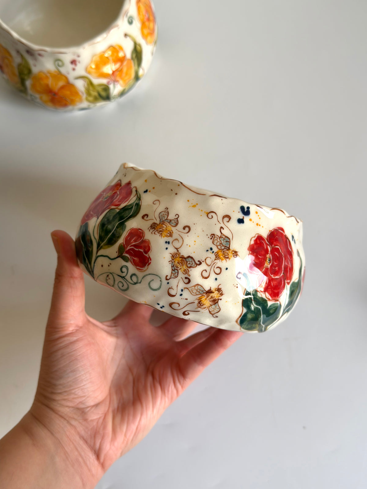 Red Poppies and Bumblebees Bowl