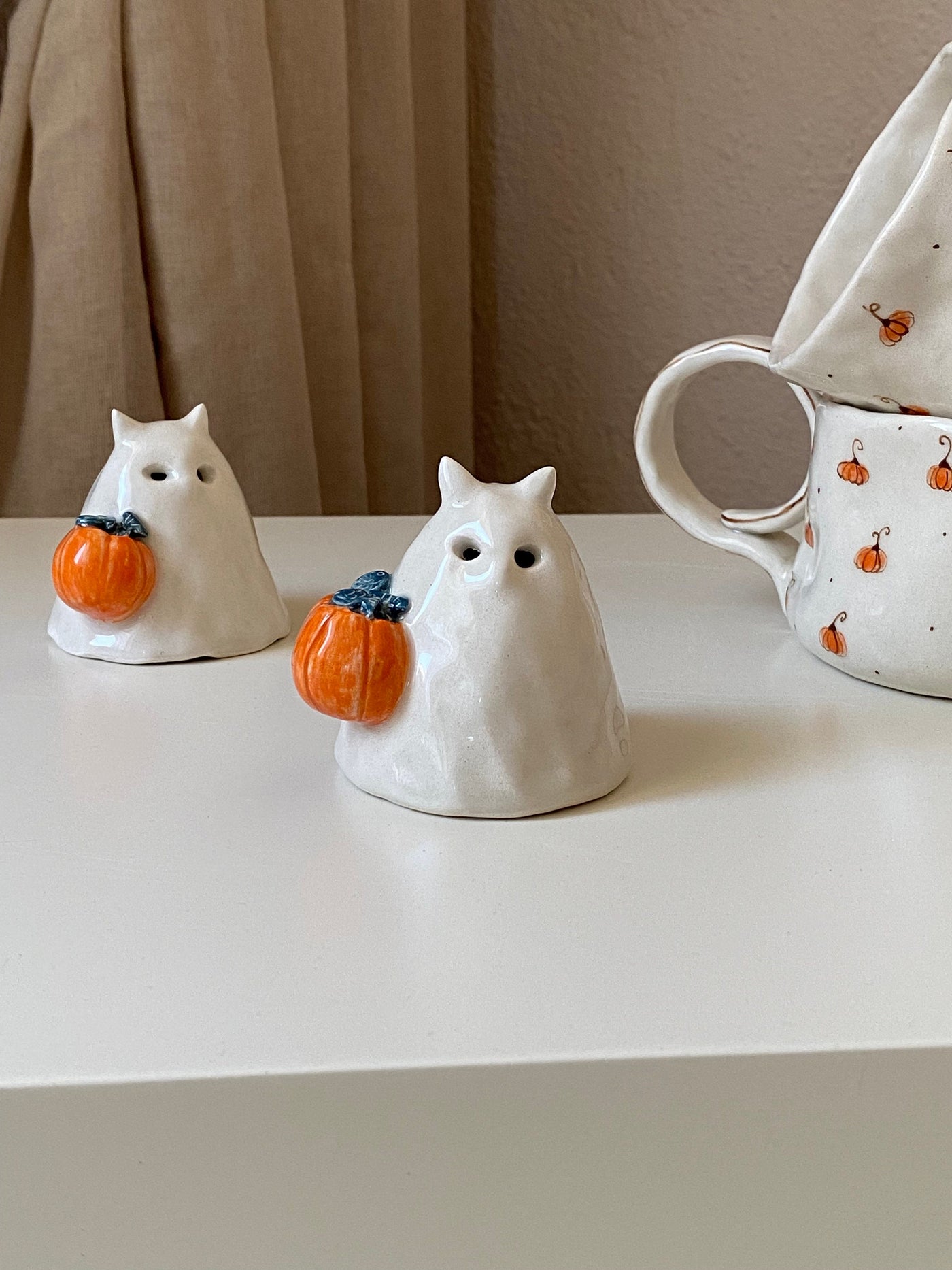 Cat Ghost with Pumpkin Basket Incense Holder