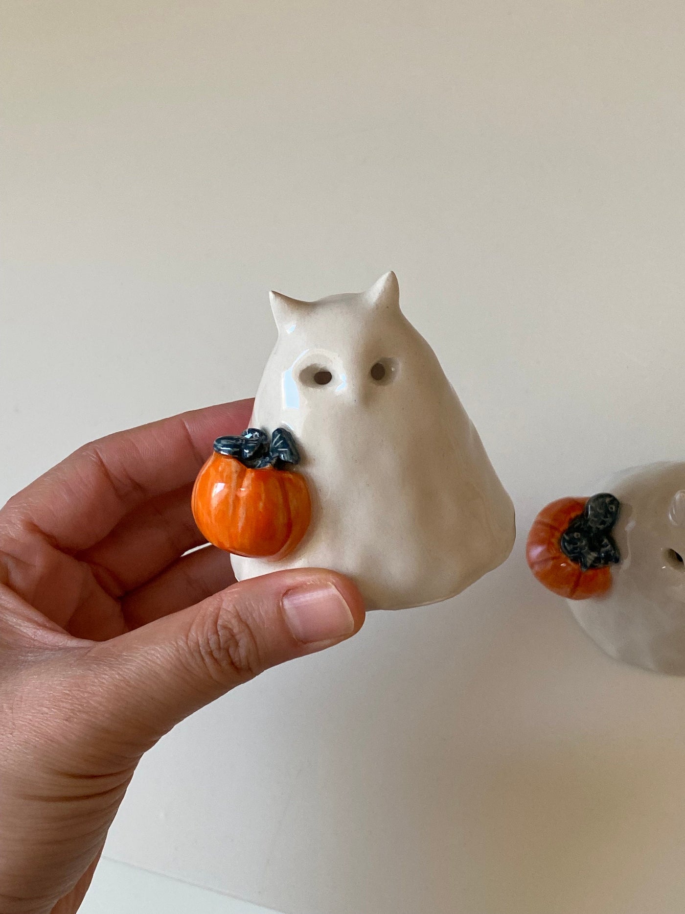Cat Ghost with Pumpkin Basket Incense Holder