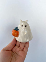 Cat Ghost with Pumpkin Basket Incense Holder