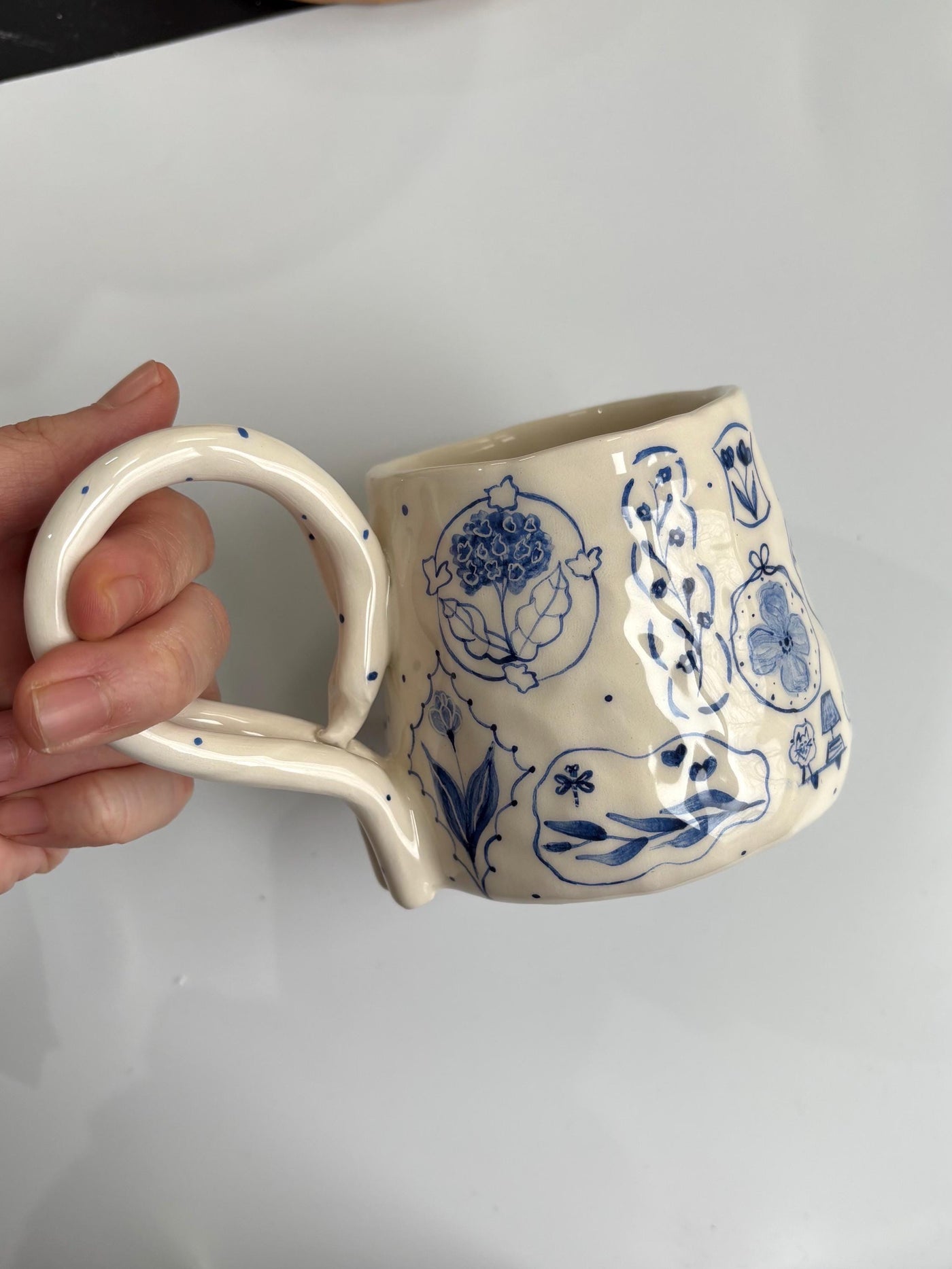 Dual Handle Blue Floral Mug
