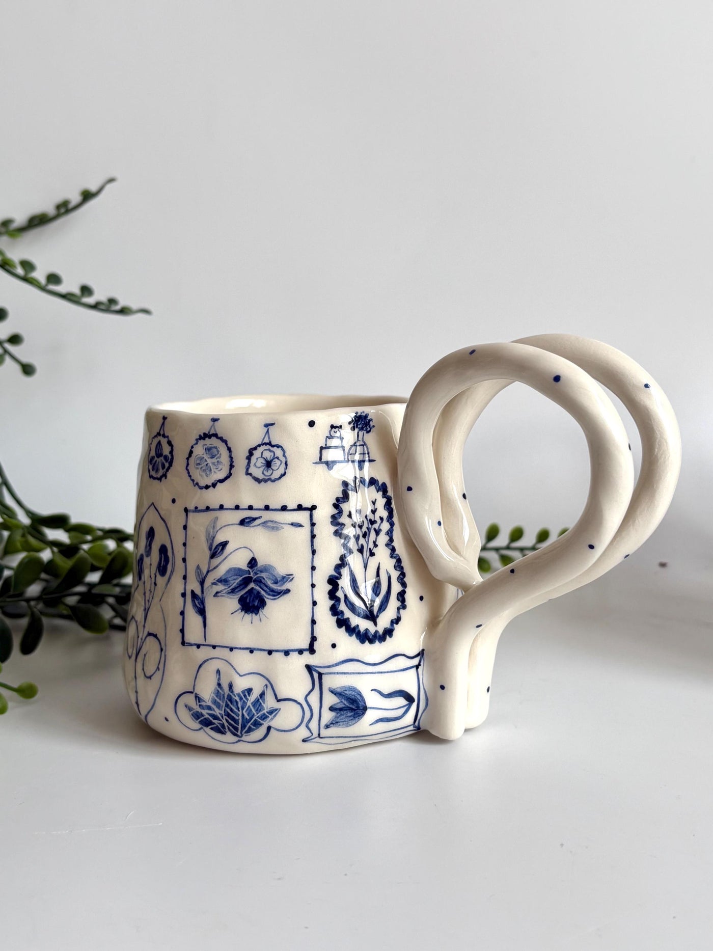 Dual Handle Blue Floral Mug