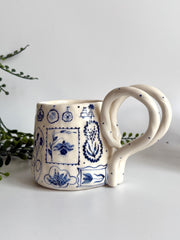 Dual Handle Blue Floral Mug