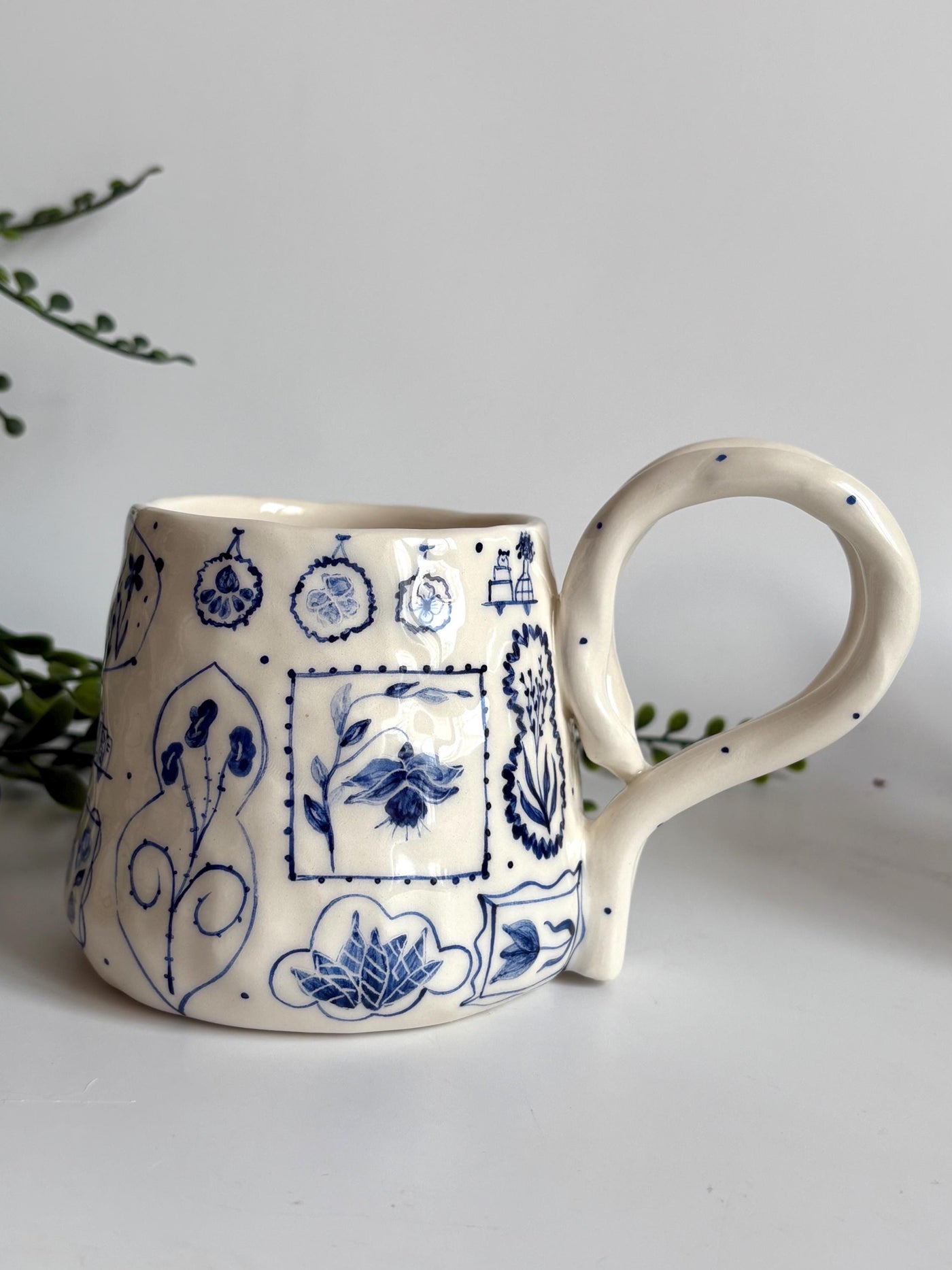 Dual Handle Blue Floral Mug