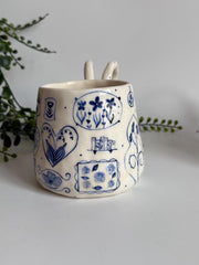 Dual Handle Blue Floral Mug