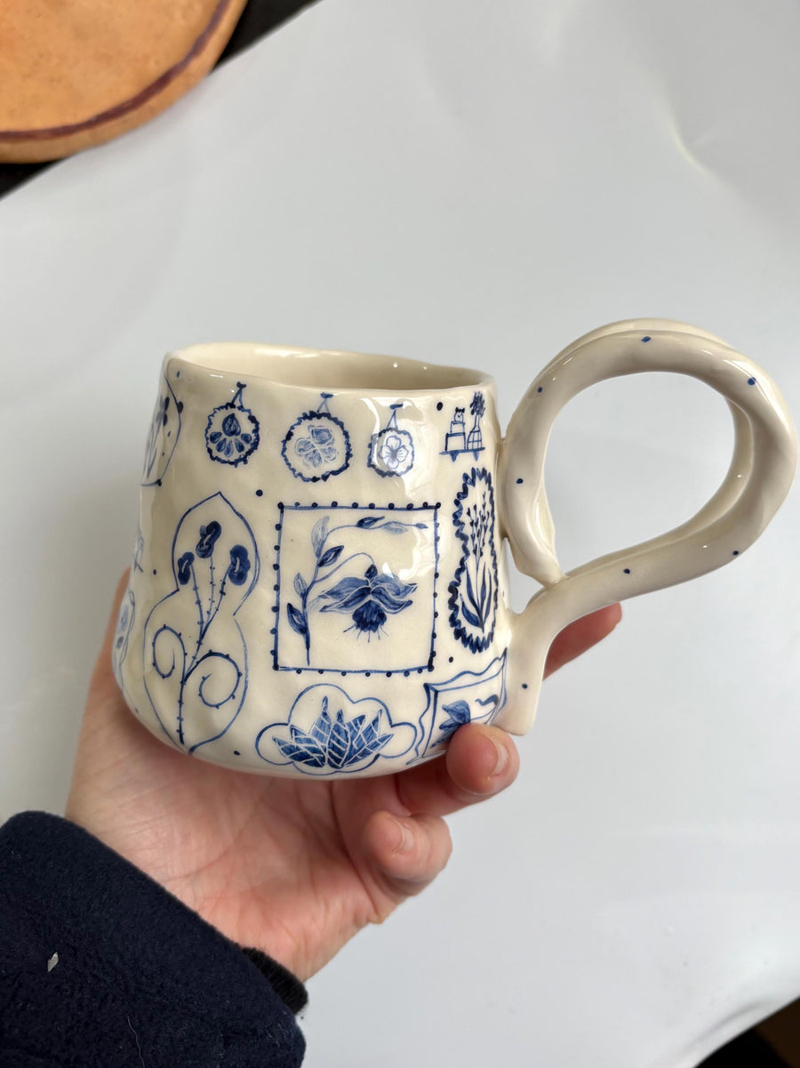 Dual Handle Blue Floral Mug