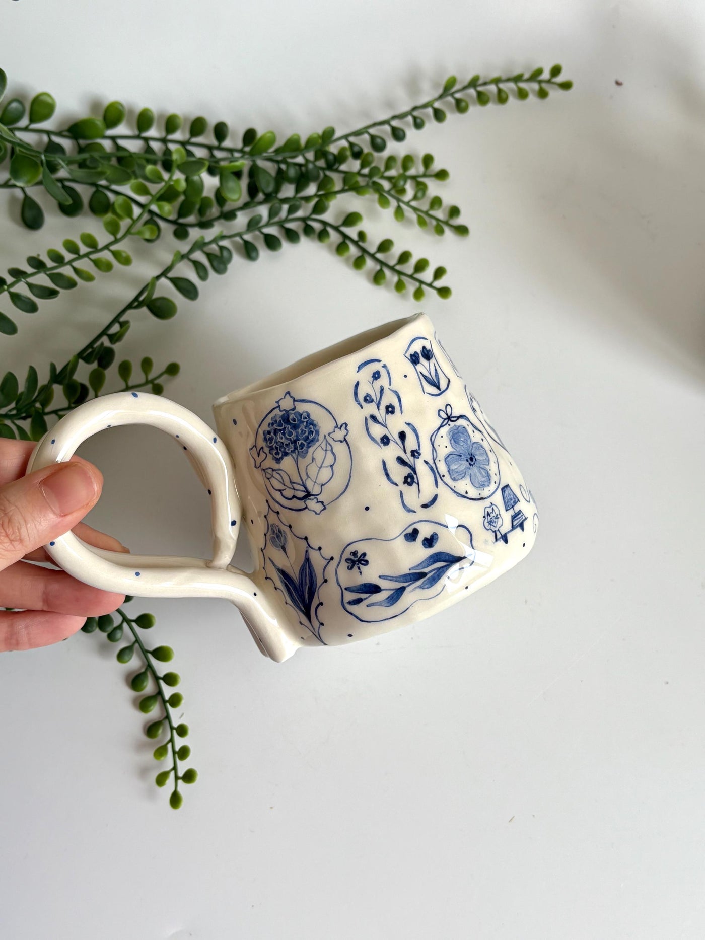 Dual Handle Blue Floral Mug
