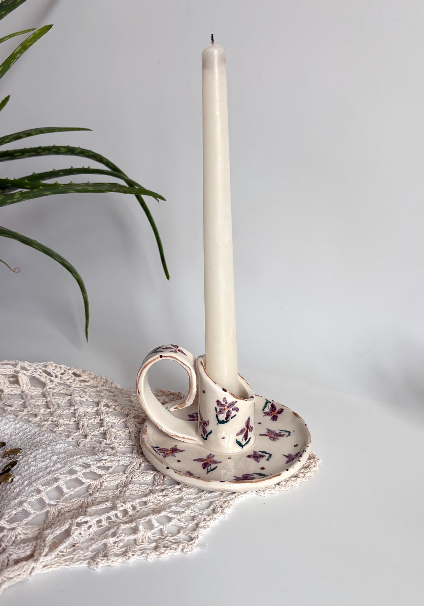Purple Floral Candlestick Holder