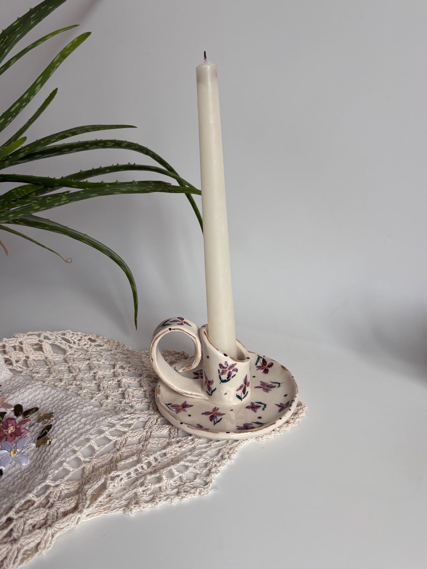 Purple Floral Candlestick Holder
