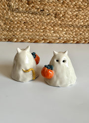 Cat Ghost with Pumpkin Basket Incense Holder