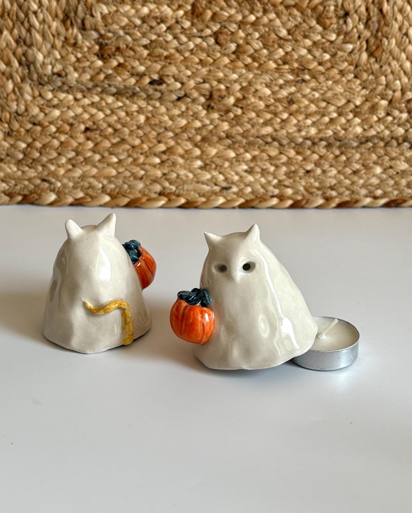 Cat Ghost with Pumpkin Basket Incense Holder