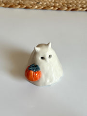 Cat Ghost with Pumpkin Basket Incense Holder