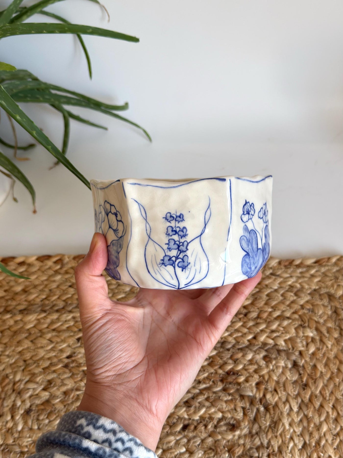 Rustic Blue Floral Hexagon Bowl