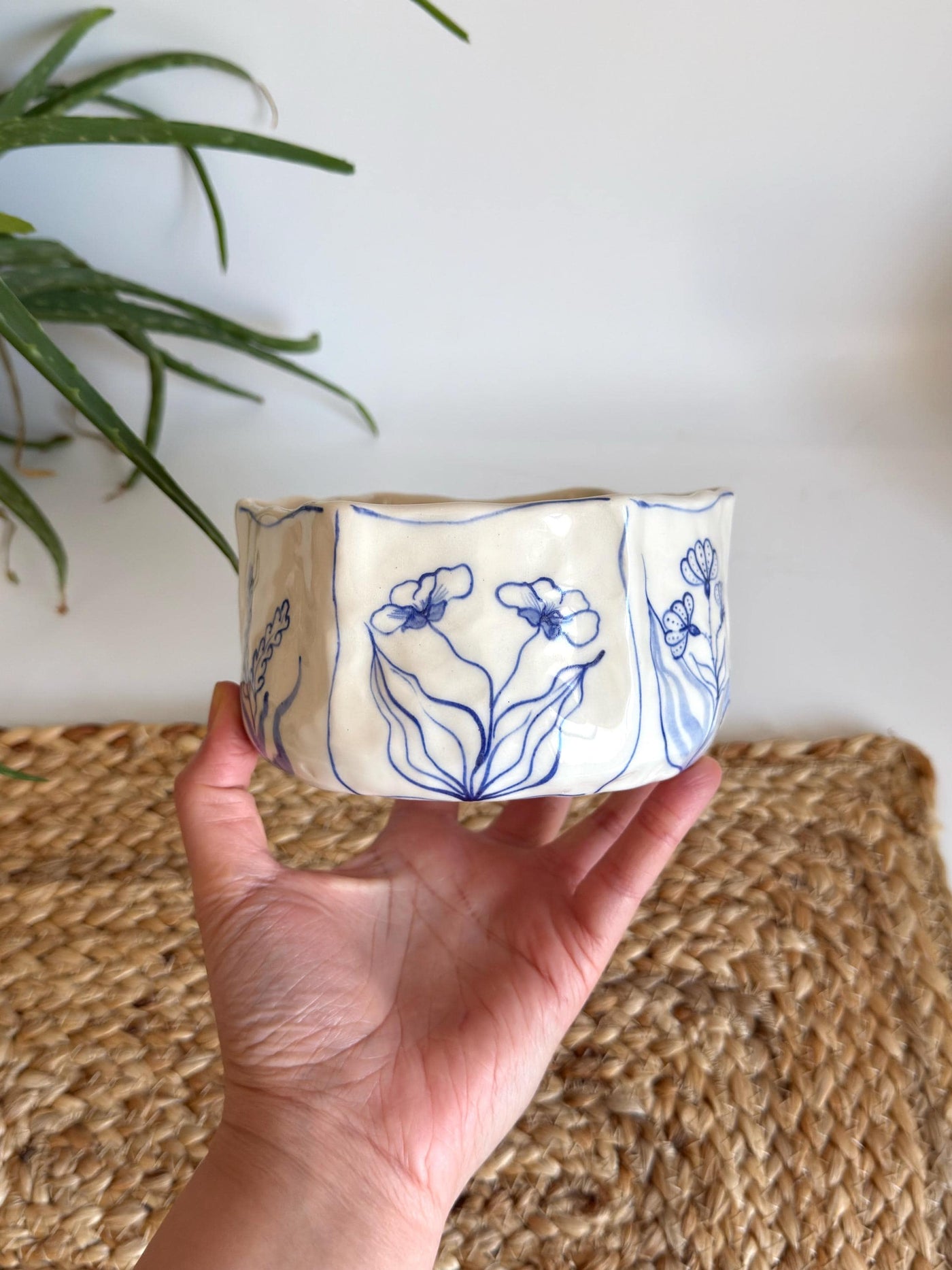 Rustic Blue Floral Hexagon Bowl