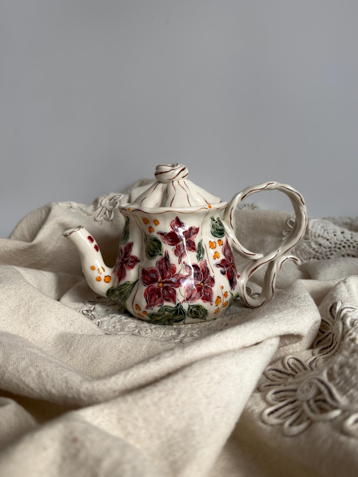 Burgundy Floral Teapot