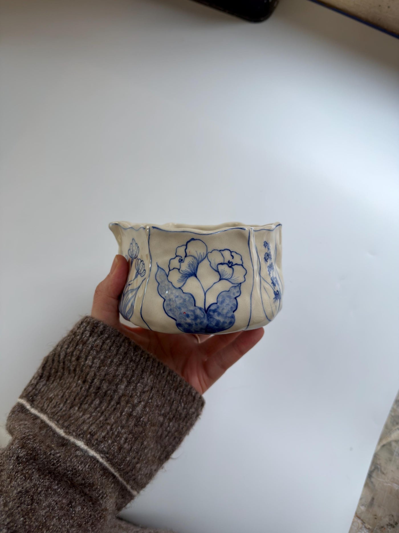 Rustic Blue Floral Hexagon Matcha Bowl
