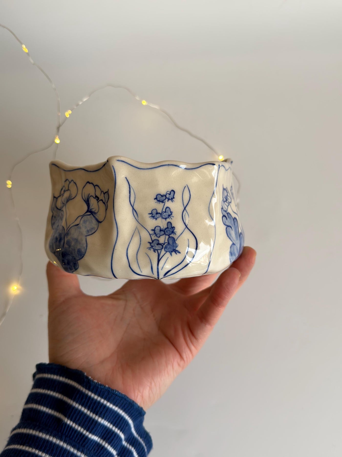 Rustic Blue Floral Hexagon Matcha Bowl