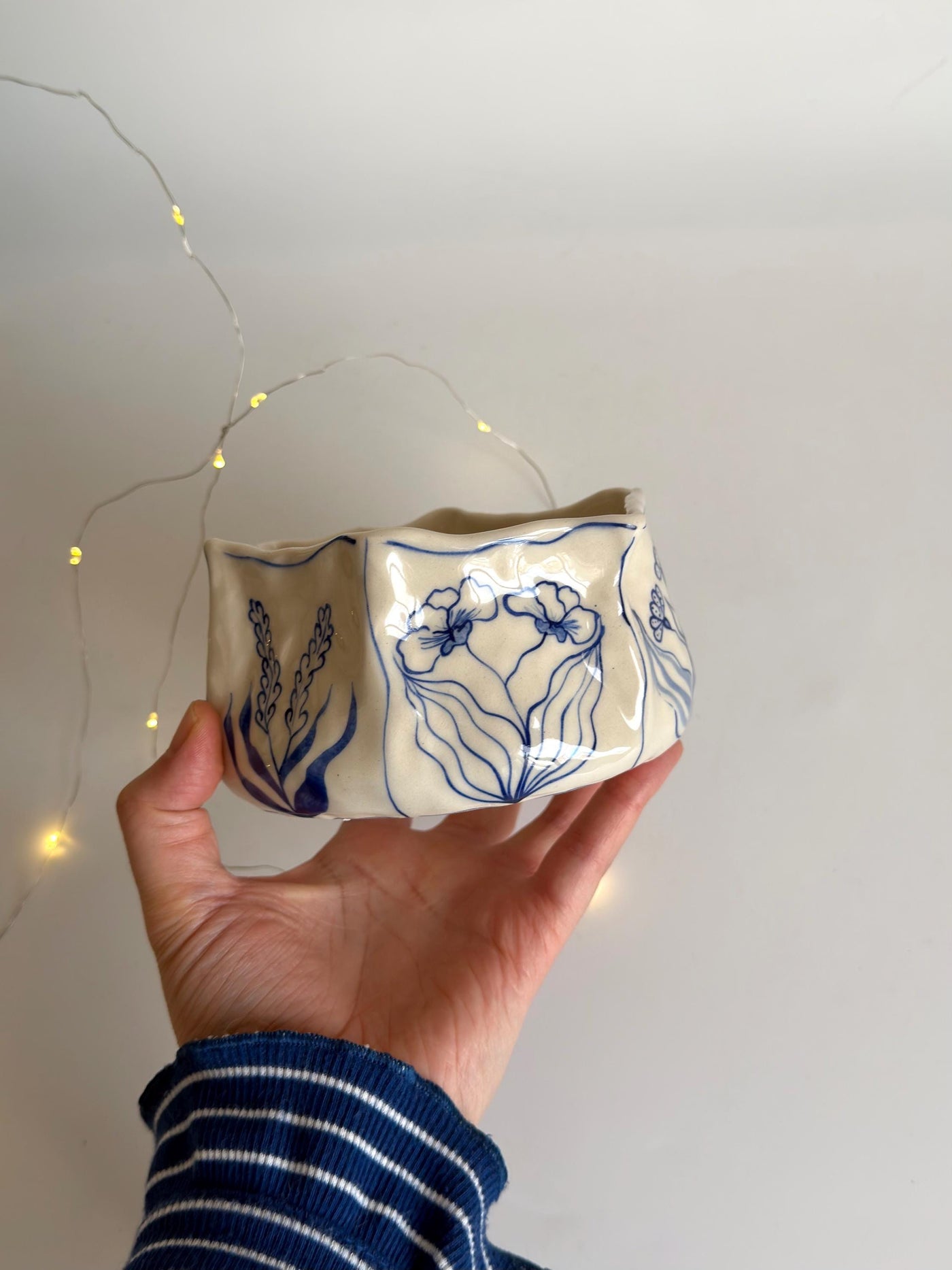 Rustic Blue Floral Hexagon Matcha Bowl