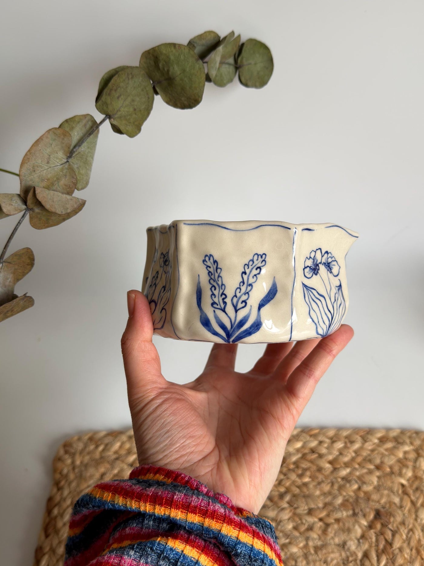 Rustic Blue Floral Hexagon Matcha Bowl