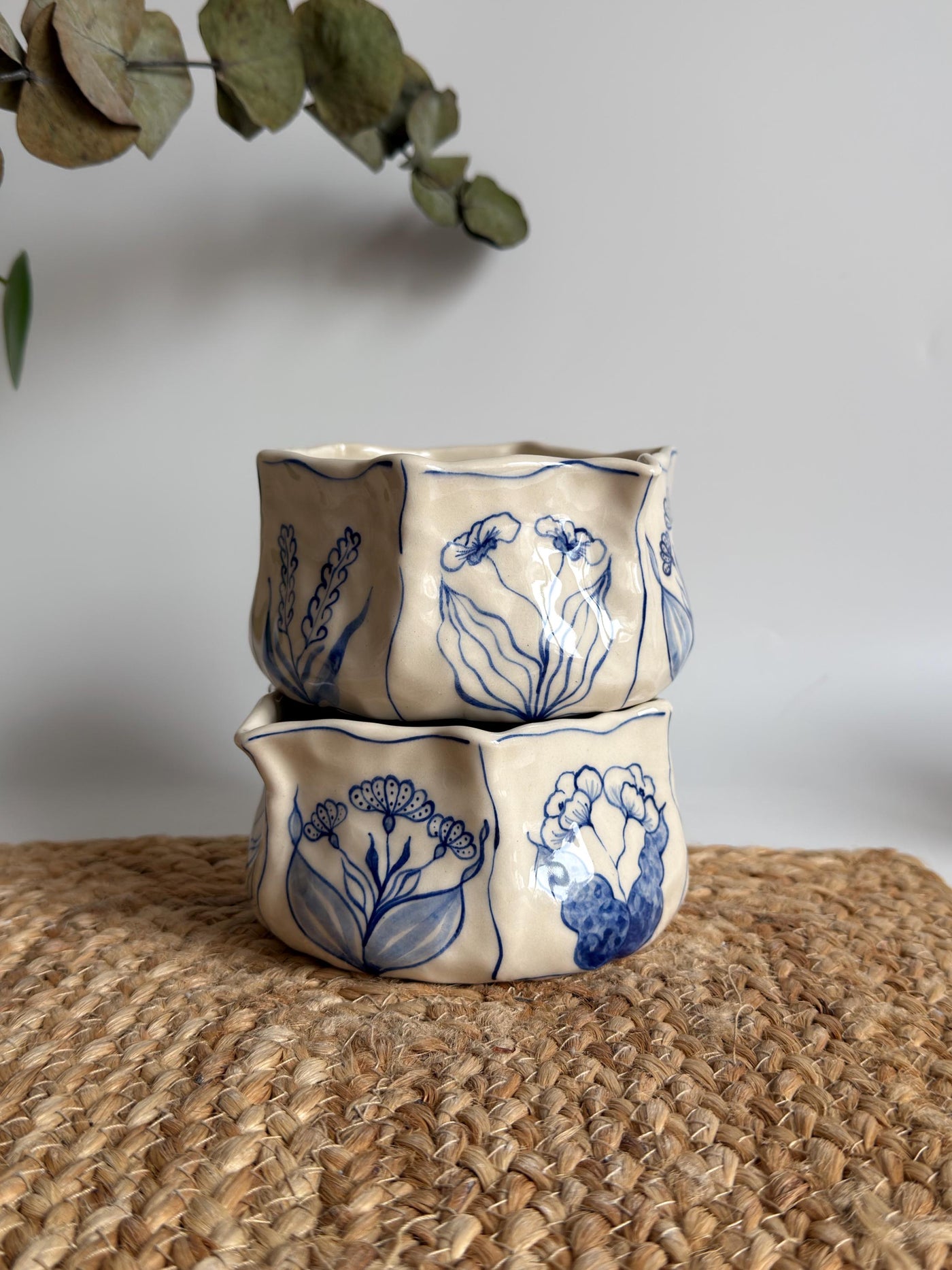 Rustic Blue Floral Hexagon Matcha Bowl