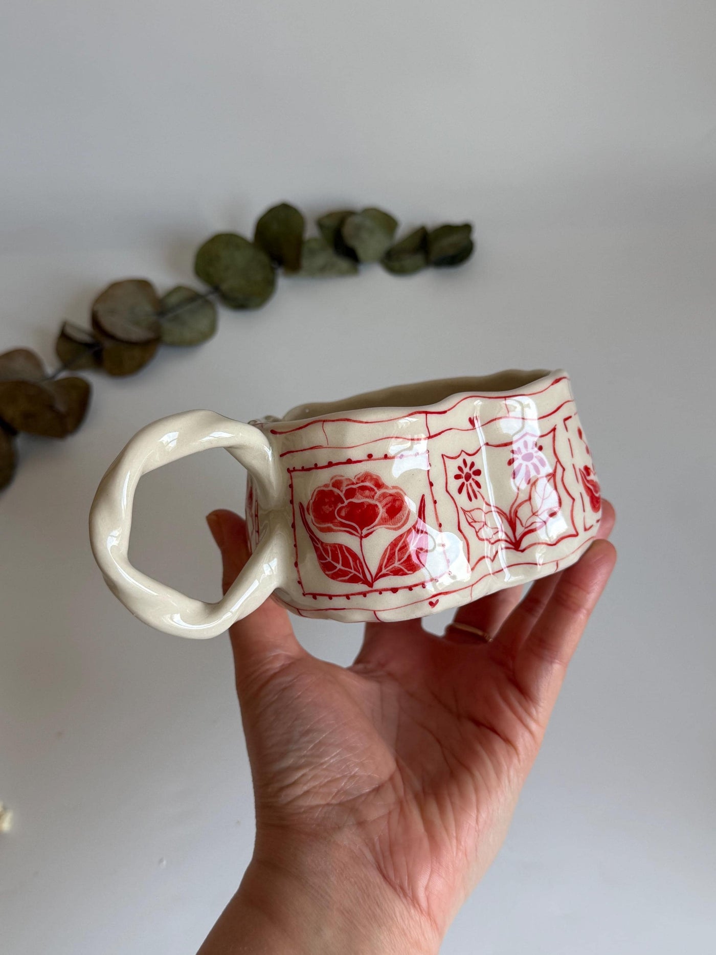 Heart-Shaped Red Floral Mug