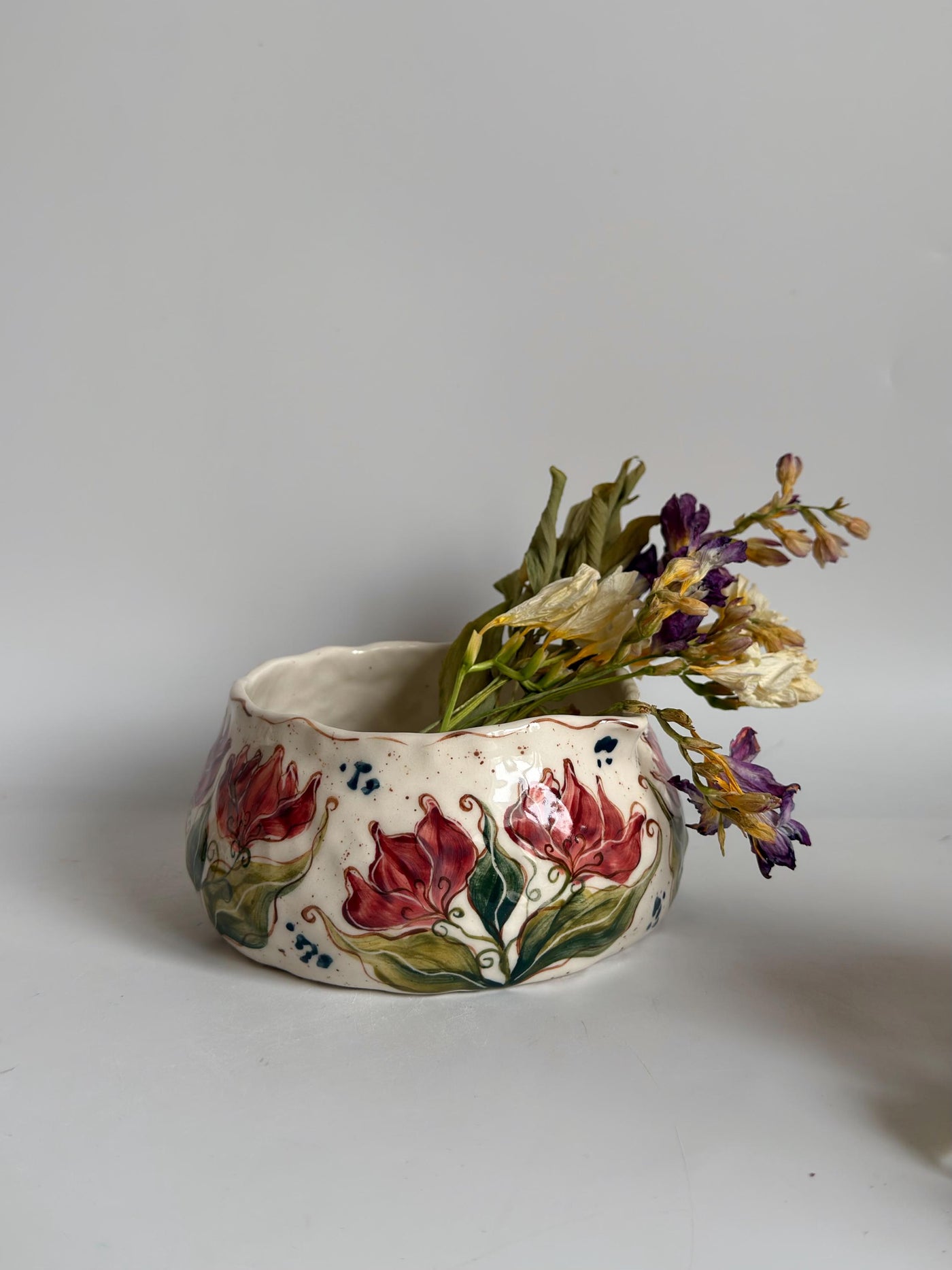 Matcha Bowl with Artistic Pink Tulips