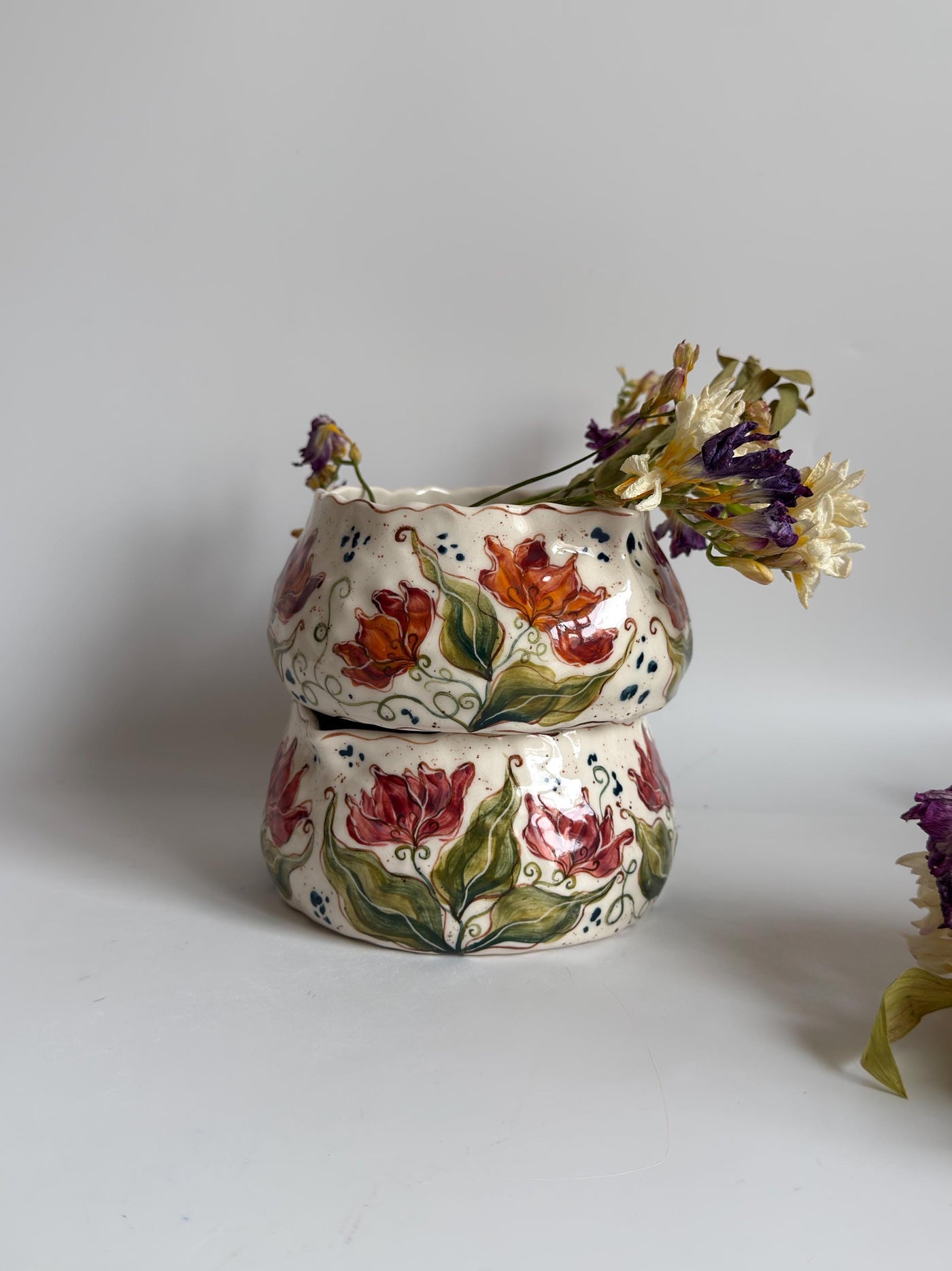 Matcha Bowl with Artistic Pink Tulips