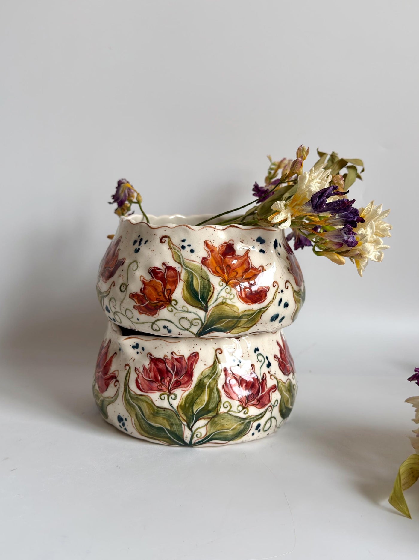 Matcha Bowl with Artistic Pink Tulips