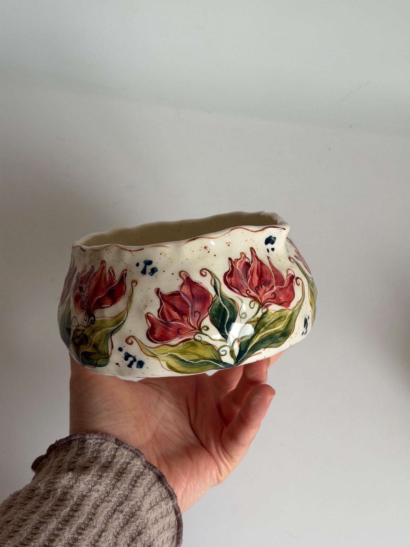 Matcha Bowl with Artistic Pink Tulips