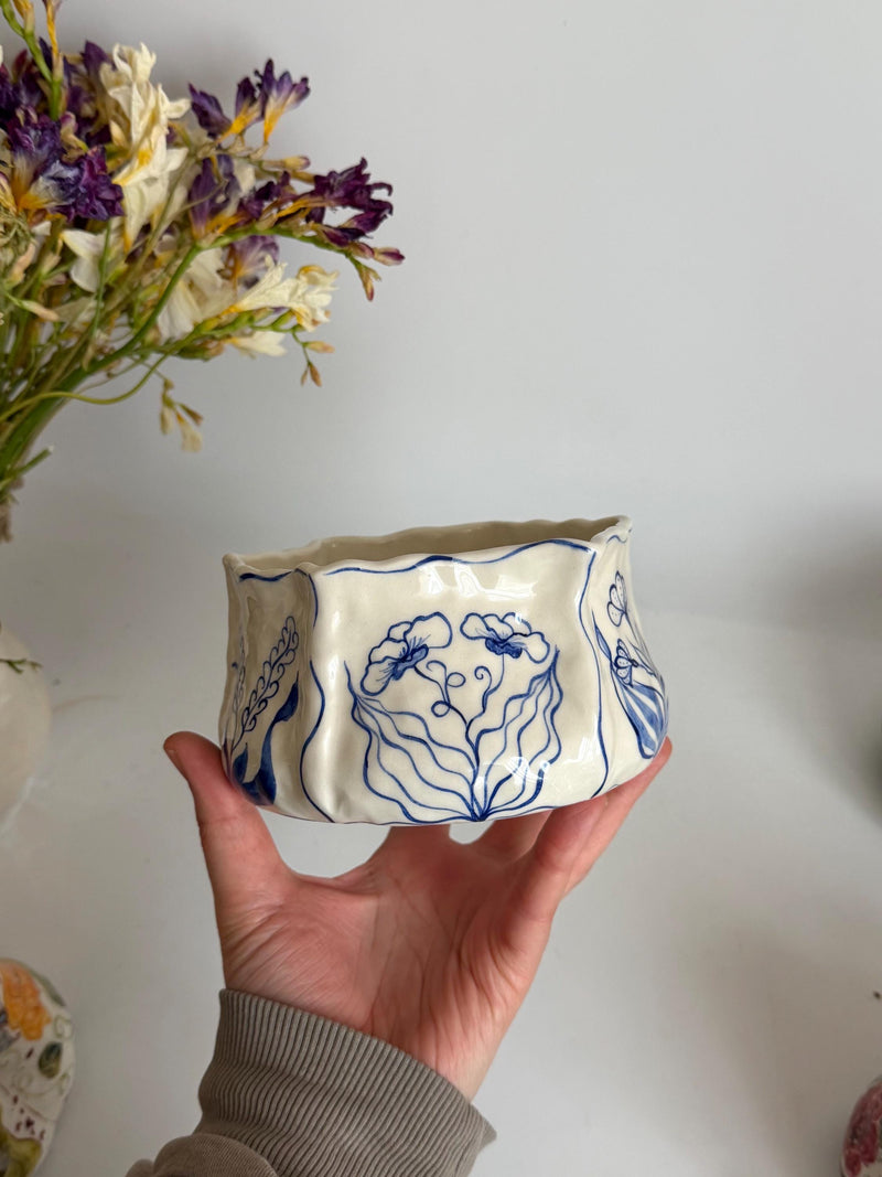 Rustic Blue Floral Hexagon Matcha Bowl