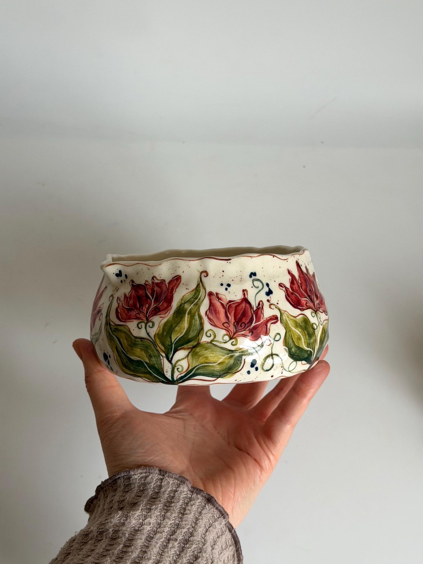 Matcha Bowl with Artistic Pink Tulips