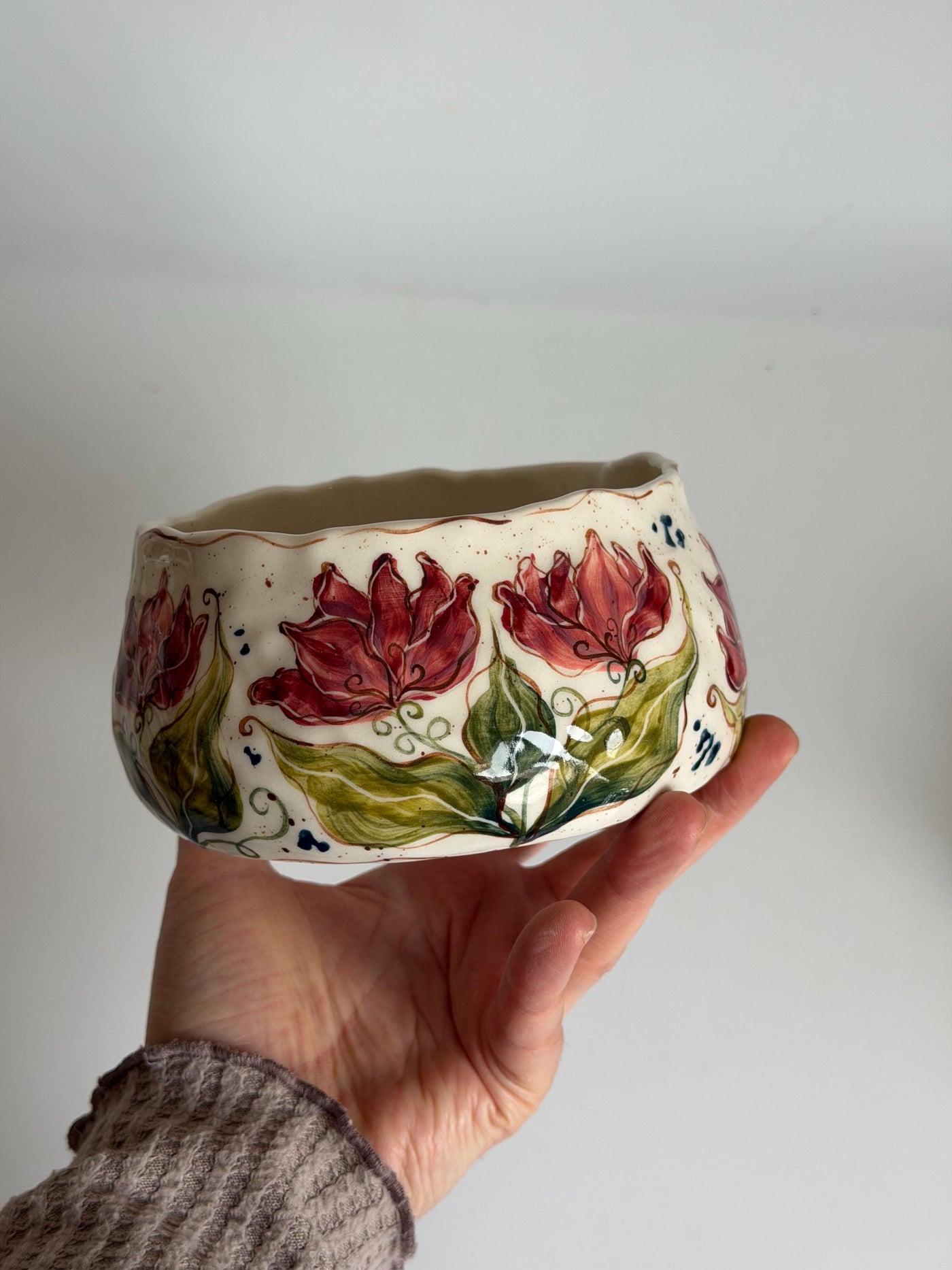 Matcha Bowl with Artistic Pink Tulips