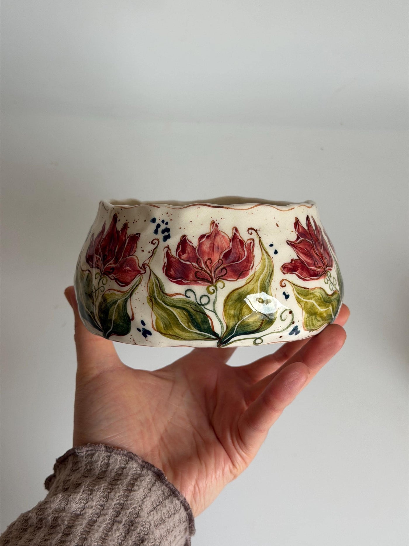 Matcha Bowl with Artistic Pink Tulips