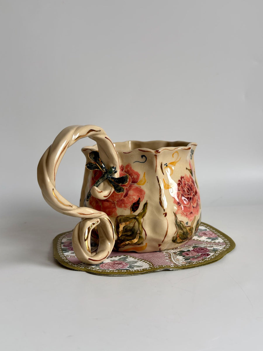 Peony Design Mug wiht 3D Dragonfly Mug