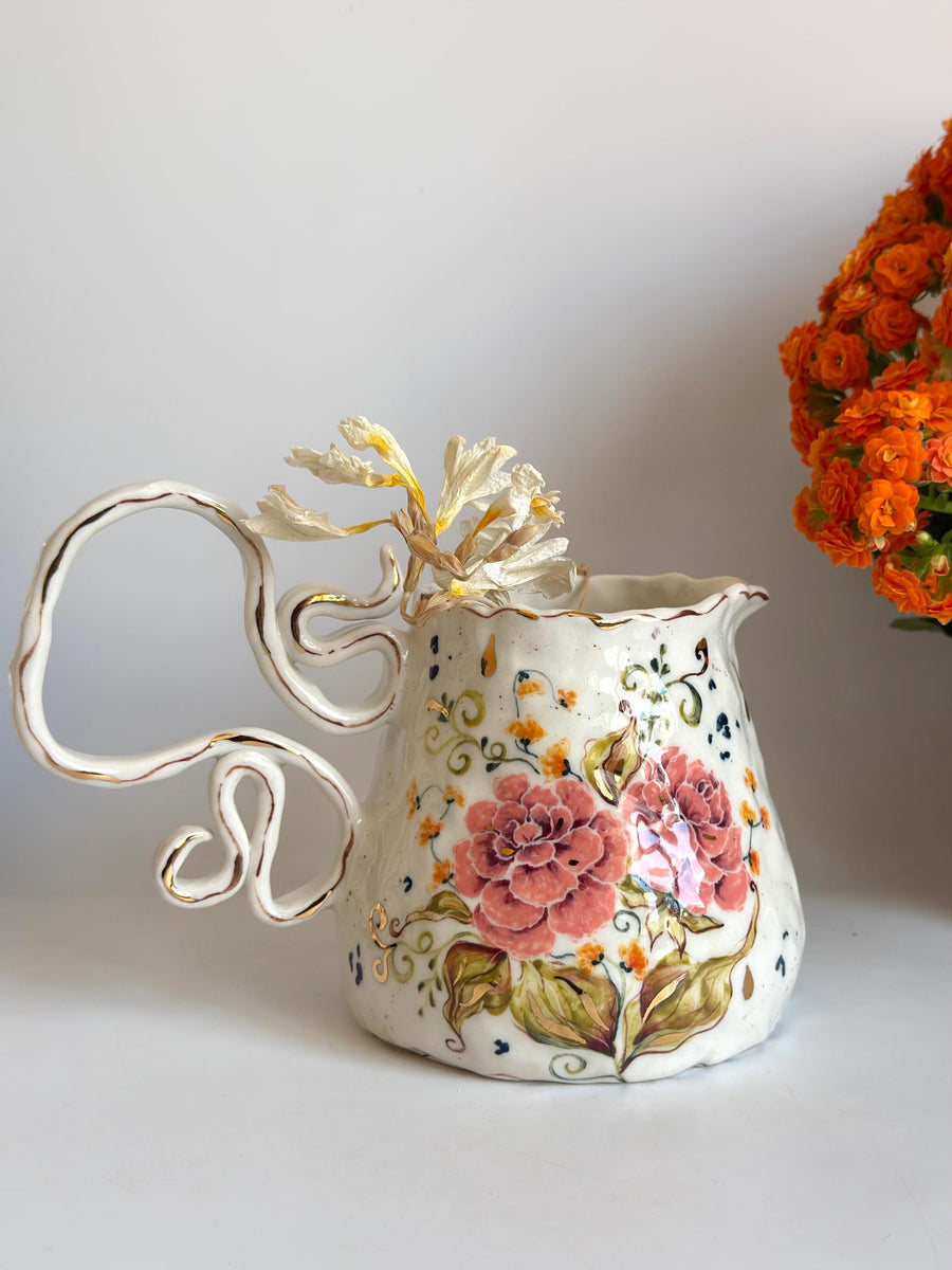 Peonies Flowers Pottery Jug
