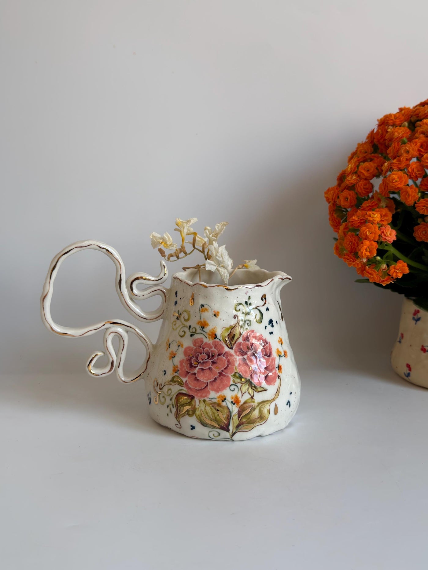 Peonies Flowers Pottery Jug