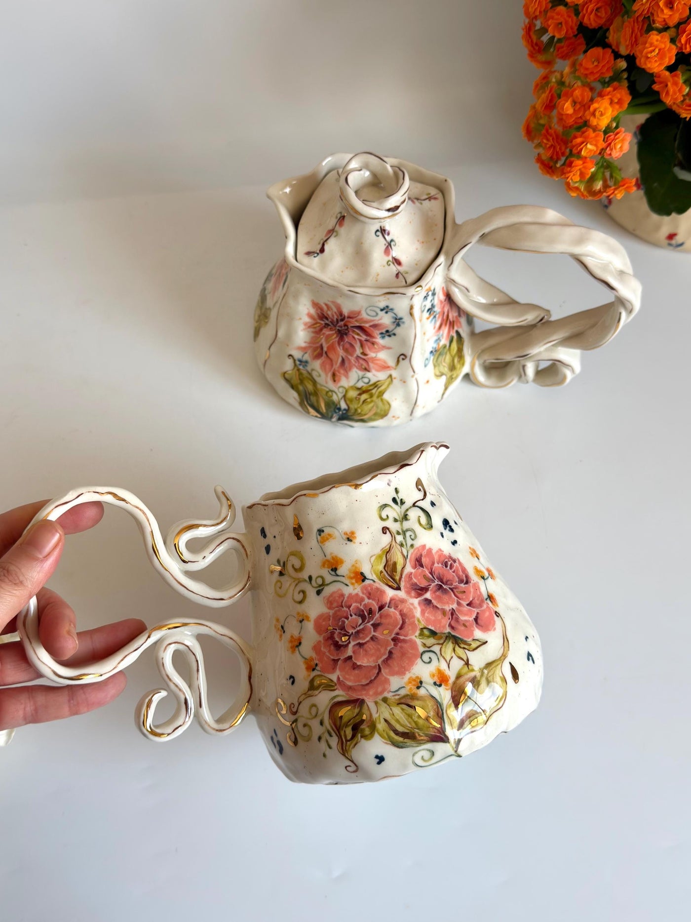 Peonies Flowers Pottery Jug