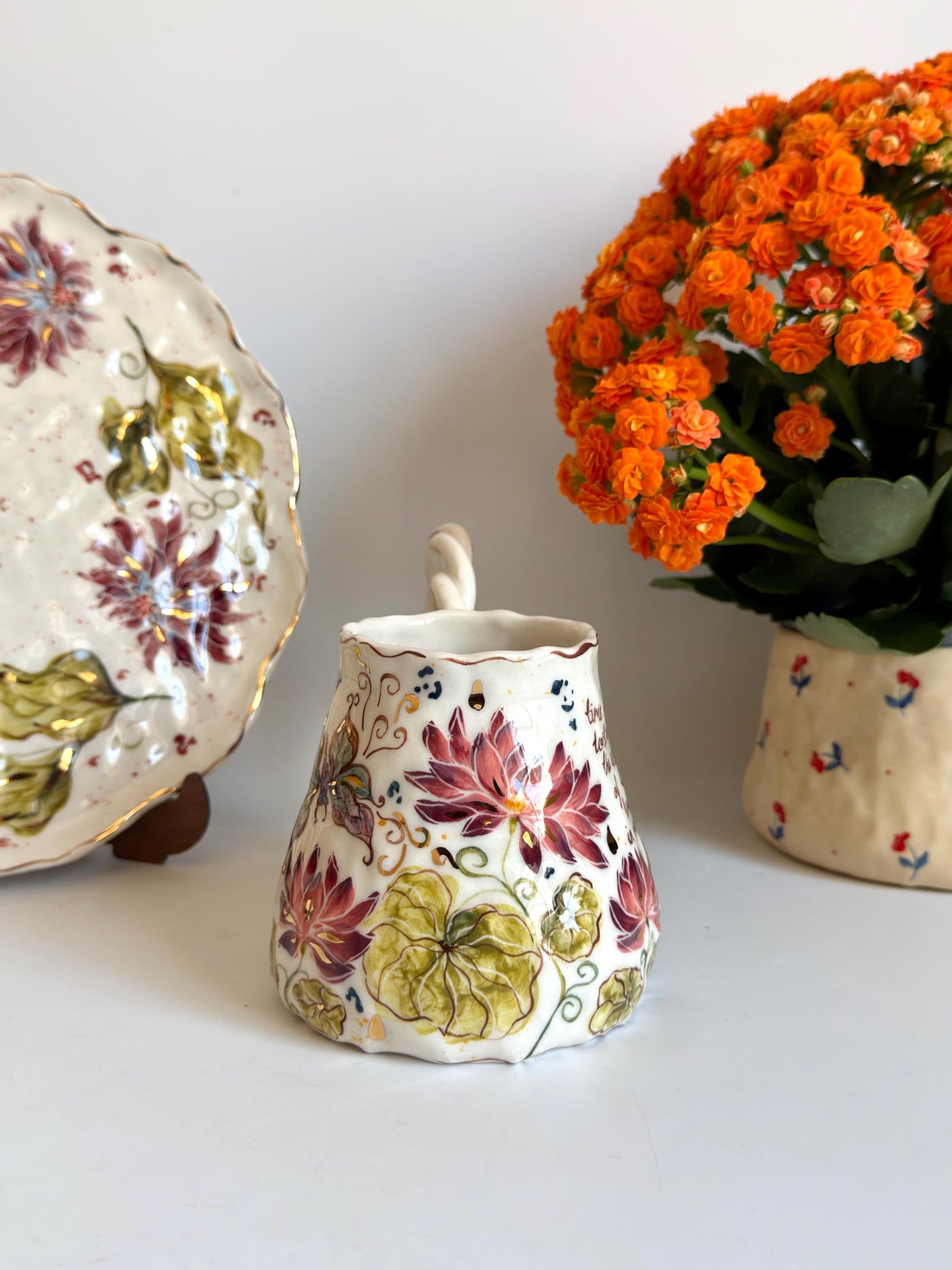Lotus Floral Artistic Mug w Butterfly and Dragonfly