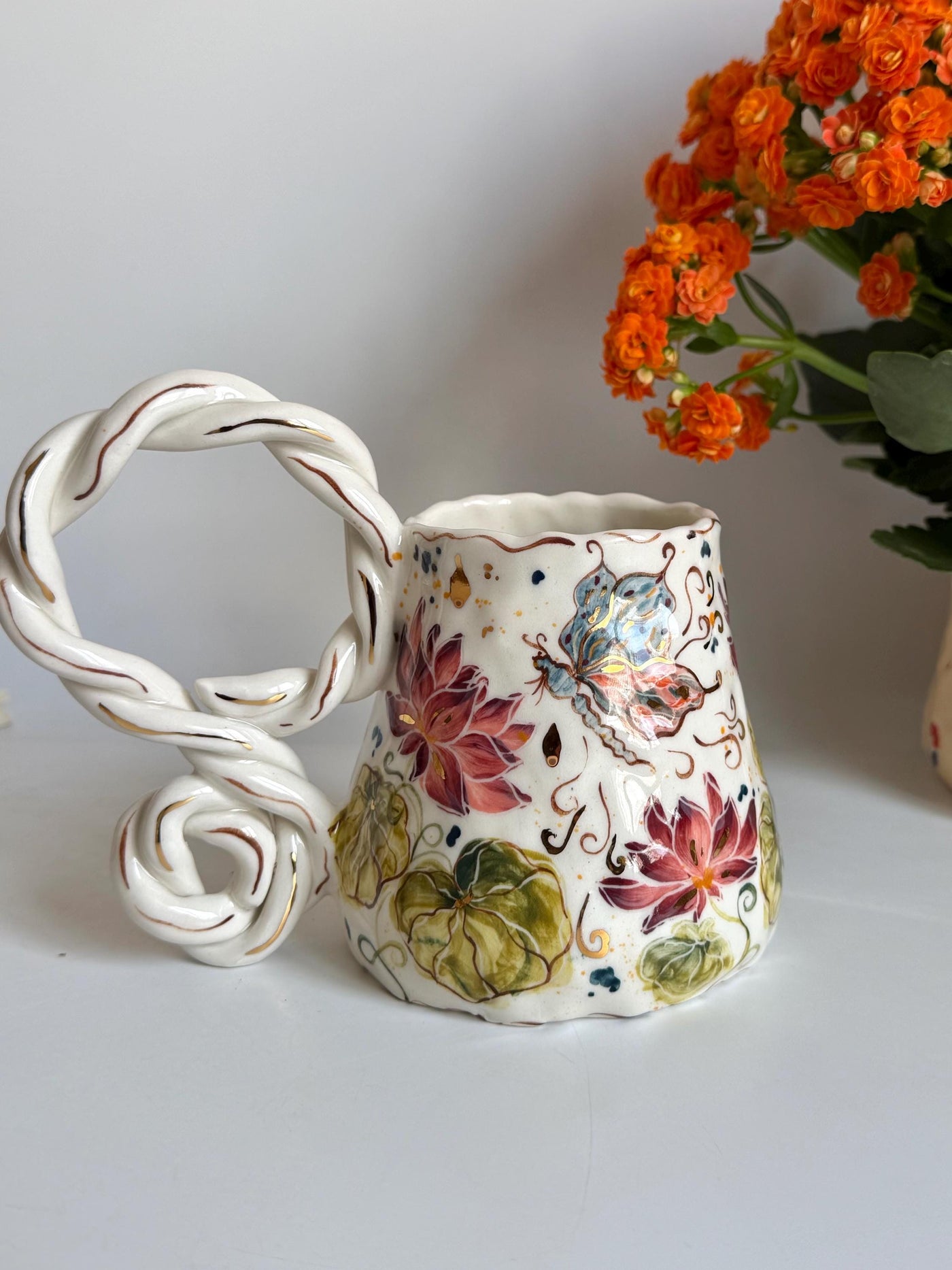 Butterfly and Dragonfly Lotus Floral Mug