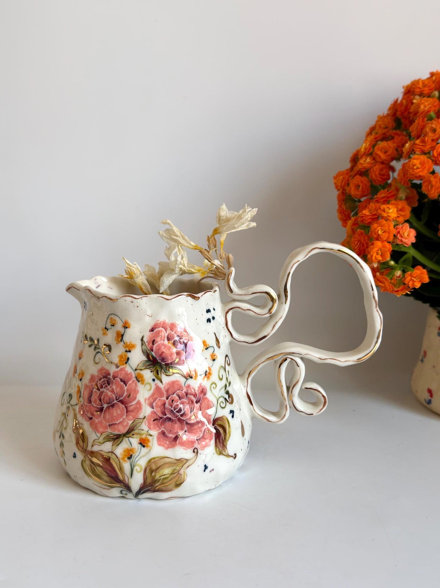 Peonies Flowers Pottery Jug
