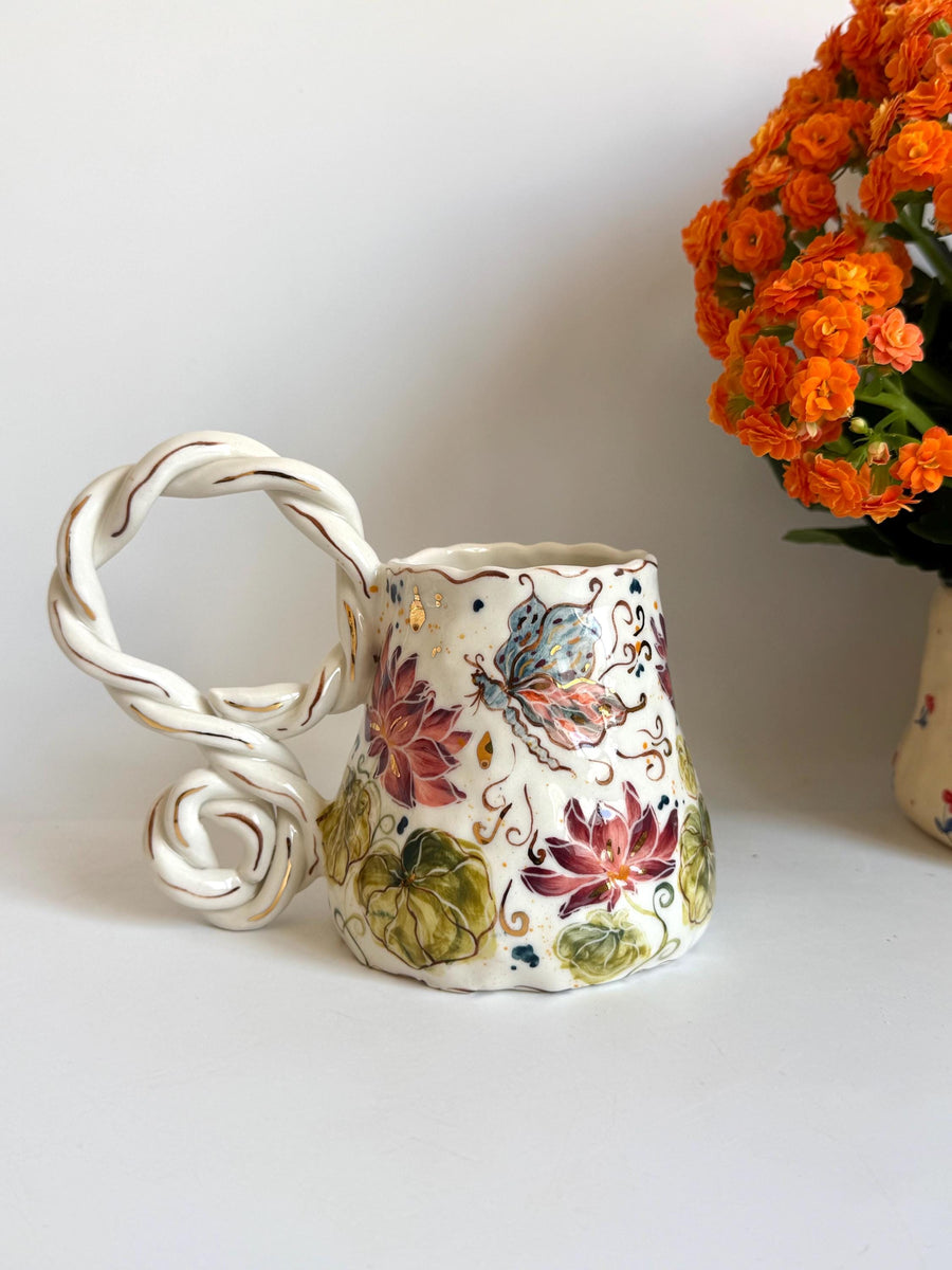 Butterfly and Dragonfly Lotus Floral Mug