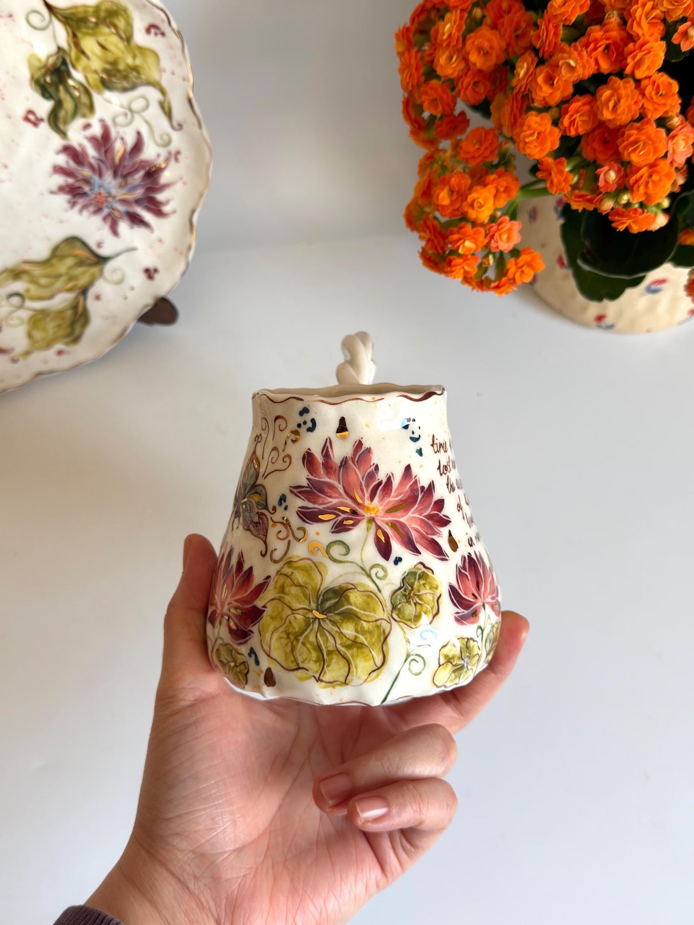 Lotus Floral Artistic Mug w Butterfly and Dragonfly