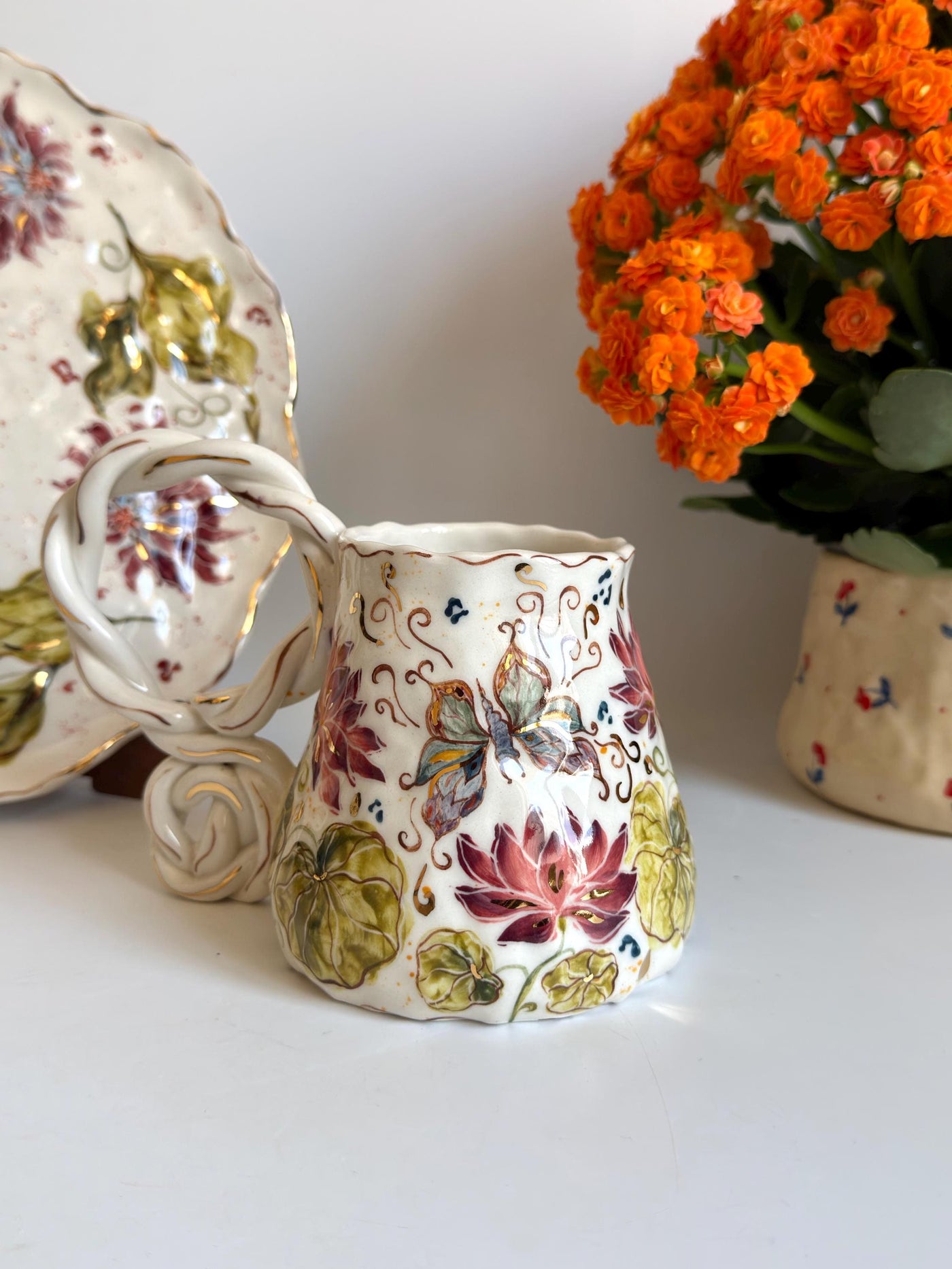 Lotus Floral Artistic Mug w Butterfly and Dragonfly