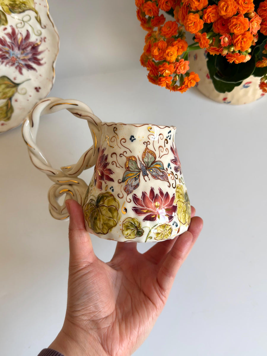Lotus Floral Artistic Mug w Butterfly and Dragonfly