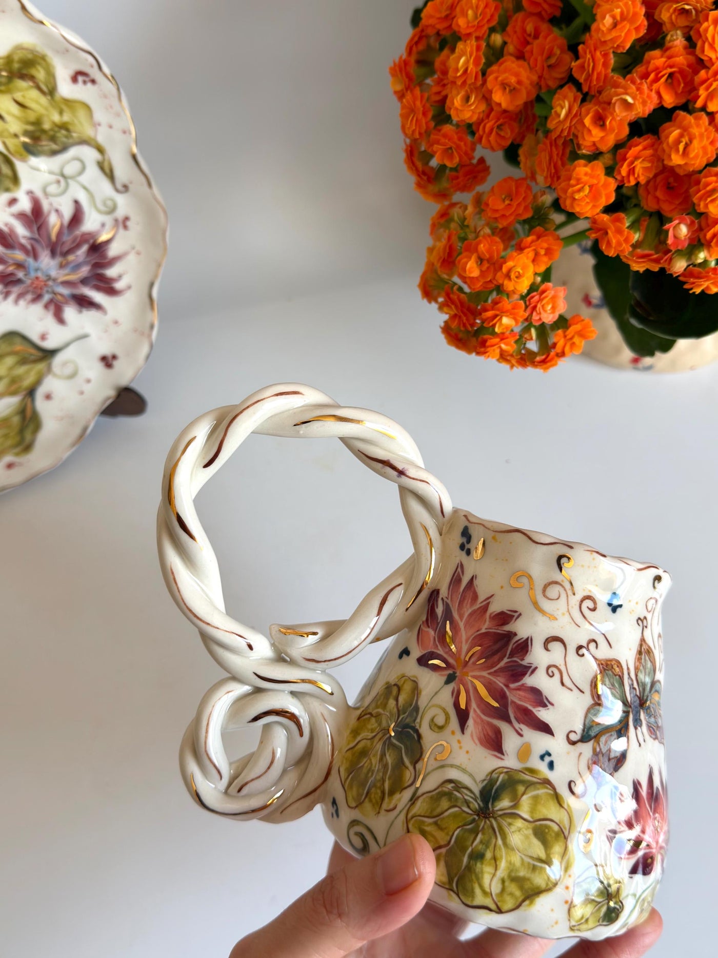 Lotus Floral Artistic Mug w Butterfly and Dragonfly