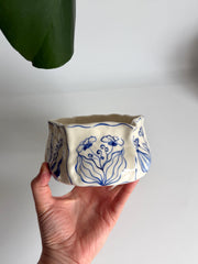 Rustic Blue Floral Hexagon Matcha Bowl