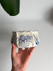 Rustic Blue Floral Hexagon Matcha Bowl